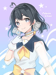  ahoge black_eyes black_hair bow character_name choker collarbone earrings female frilled_choker frills hair_behind_ear head_tilt heart heart_ahoge indie_virtual_youtuber jewelry kgr looking_at_viewer ryusei_nova sailor_collar see-through see-through_sleeves short_hair smile solo star_(symbol) virtual_youtuber yellow_bow 