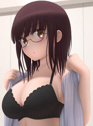  black_bra blunt_bangs blush bra breasts brown_eyes brown_hair cleavage collarbone commentary_request female fujimiya_sumika_(isekai_ojisan) glasses highres isekai_ojisan large_breasts looking_at_viewer open_clothes open_shirt shirt short_hair short_sleeves sidelocks siraha solo underwear white_shirt 