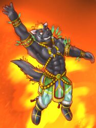  3:4 abs anthro black_body black_fur clothed clothing dancer_outfit fire flaming_hair flaming_mane fur furlong_(live_a_hero) grin hi_res hyena jewelry lifewonders live_a_hero male mammal muscular muscular_anthro muscular_male pecs pseudo_hair pseudo_mane skimpy smile solo yom_mido_plus 