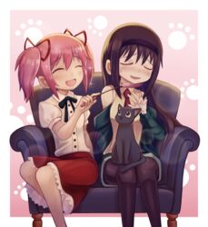  2girls akemi_homura amy_(madoka_magica) animal black_cat black_hair blush bow bowtie chair closed_eyes commentary_request feline hair_ribbon kaname_madoka long_hair long_sleeves mahou_shoujo_madoka_magica mahou_shoujo_madoka_magica_(anime) majinhinata multiple_girls necktie open_mouth pantyhose pink_hair ribbon short_sleeves sitting skirt smile sweatdrop twintails yuri 