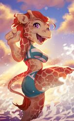  absurd_res anthro ass bathing bikini butt_pose chibi clothing ear_piercing ear_ring female giraffe giraffid happy hi_res legend_of_ahya mammal marle_talbender_(darkflamewolf) nordeva piercing pose ring_piercing solo splash sun swimwear water 