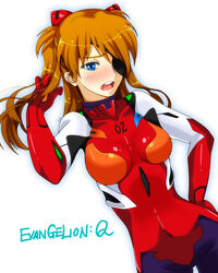  alternate_breast_size blue_eyes bodysuit breasts commentary_request evangelion:_3.0_you_can_(not)_redo eyepatch female gloves hair_ornament ivuki long_hair looking_at_viewer neon_genesis_evangelion open_mouth orange_hair pilot_suit plugsuit rebuild_of_evangelion red_bodysuit science_fiction simple_background solo souryuu_asuka_langley white_background 