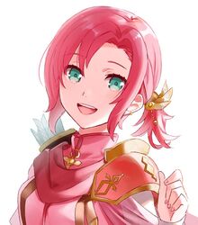  arrow_(projectile) commentary_request female fire_emblem fire_emblem:_mystery_of_the_emblem fire_emblem_heroes green_eyes hair_ornament menoko norne_(fire_emblem) open_mouth protected_link quiver red_hair simple_background solo upper_body white_background 