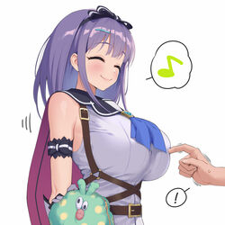  ! ^_^ ascot bag black_hairband blue_ascot blue_neckwear blunt_bangs blush bow_hairband breast_poke breasts cape closed_eyes closed_mouth female hair_ornament hairband hairclip highres large_breasts lunch_(shin_new) medium_hair meme misora_(princess_connect!) musical_note nipple_guessing_game_(meme) poking princess_connect! purple_hair red_cape simple_background smile solo_focus spoken_exclamation_mark spoken_musical_note upper_body white_background 