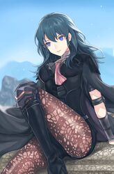  akina_(akn_646) armor black_cape blue_eyes blue_hair byleth_(fire_emblem) byleth_(fire_emblem)_(female) cape closed_mouth female fire_emblem fire_emblem:_three_houses high_heels highres medium_hair pantyhose sitting solo 