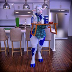  1:1 2019 3d_(artwork) anthro appliance apron blue_body blue_eyes blue_fur bovid bovine cattle chair clothing digital_media_(artwork) female food_tray fridge fur furniture glass hair hi_res holding_object holstein_friesian_cattle horn kerchief kitchen kitchen_appliance lactaid lactaid_cow looking_at_viewer mammal mascot milk milk_carton neckerchief plant smile solo standing white_body white_fur xrayzebra4 