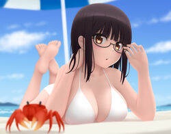  :o barefoot beach bikini blue_sky blunt_bangs blurry blurry_background blurry_foreground blush breasts brown_eyes brown_hair cleavage cloud collarbone commentary_request crab day feet female foreshortening fujimiya_sumika_(isekai_ojisan) glasses isekai_ojisan large_breasts looking_at_viewer lying on_stomach outdoors short_hair sidelocks siraha sky soles solo swimsuit the_pose toes white_bikini 