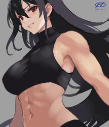  abs alternate_costume artist_logo black_hair breasts brown_eyes crop_top female grey_background halterneck haruto_(harut_n) kantai_collection long_hair midriff muscular muscular_female nagato_(kancolle) navel one-hour_drawing_challenge parted_lips smile solo 