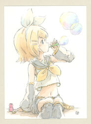  arm_warmers belt blonde_hair blowing_bubbles blue_eyes bottle bow bubble commentary cowboy_shot crop_top epoxy_putty female grey_sailor_collar grey_shorts grey_sleeves hair_ornament hairbow hairclip holding kagamine_rin leg_warmers looking_to_the_side midriff navel neckerchief sailor_collar shirt short_hair short_shorts shorts sitting solo swept_bangs traditional_media treble_clef vocaloid white_background white_bow white_shirt yellow_neckerchief 