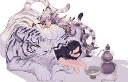  animal animal_ears ass_cutout black_pants clothing_cutout copyright_request fangs female gourd green_eyes grey_hair long_hair long_sleeves multicolored_hair open_mouth pants short_eyebrows simple_background slit_pupils solo streaked_hair sweater tail thick_eyebrows tiger tiger_ears tiger_girl tiger_tail white_background white_hair white_sweater white_tiger yoo_(tabi_no_shiori) 