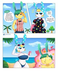  absurd_res animal_crossing anthro big_breasts bikini blonde_hair breasts clothing conjoined_speech_bubble dialogue english_text female francine_(animal_crossing) fur gammainks greeting hair header header_box heart_symbol hi_res lagomorph leporid male mammal nintendo rabbit reaction_shot sanrio speech_bubble swimwear text thick_thighs toby_(animal_crossing) white_body white_fur wide_hips yellow_body yellow_fur 