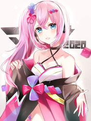  2020 absurdres bare_shoulders black_kimono blue_eyes collarbone criss-cross_halter female flower hair_flower hair_ornament halterneck headphones headset highres japanese_clothes kimono light_blush light_smile long_hair looking_at_viewer magical_mirai_(vocaloid) magical_mirai_luka magical_mirai_luka_(2020_summer) megurine_luka midriff open_mouth outstretched_hand pink_hair ponytail reaching reaching_towards_viewer solo tsukasa_(pixiv34617881) upper_body vocaloid 