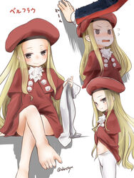  @_@ akino_shuu barefoot belfraw_martini beret blonde_hair capelet clothes_lift commentary_request crossed_legs dress dress_lift feet female flying_sweatdrops forehead grey_eyes hat holding kabedon lifting_own_clothes long_sleeves multiple_views pantyhose red_capelet red_dress red_headwear shadow sitting stomach summon_night summon_night_3 toes translated twitter_username unworn_pantyhose white_background white_legwear 