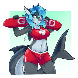  1:1 5_fingers absurd_res ambris anthro blue_eyes blue_hair breasts clothed clothing erika_(ambris) female fin fingers fish hair hi_res marine midriff navel non-mammal_breasts shark solo whistle_(disambiguation) 