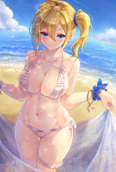  alternate_costume ass_visible_through_thighs bare_arms bare_shoulders beach bikini blonde_hair blue_eyes blue_scrunchie blue_sky blush bracelet breasts bridal_garter cleavage closed_mouth cloud collarbone commentary_request cowboy_shot curvy day female front-tie_bikini_top front-tie_top hair_between_eyes hair_ornament hair_scrunchie halterneck hayasaka_ai highres holding holding_sarong jewelry kaguya-sama_wa_kokurasetai_~tensai-tachi_no_renai_zunousen~ large_breasts looking_at_viewer makirin navel ocean outdoors photoshop_(medium) sand scrunchie shadow shore side-tie_bikini_bottom side_ponytail sidelocks skindentation sky smile solo standing stomach sweat swimsuit thighs water wet white_bikini wrist_scrunchie 