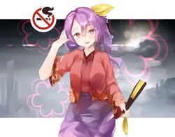  cowboy_shot fairyfloss female hair_ribbon hand_fan hand_up japanese_clothes komakusa_sannyo long_sleeves looking_at_viewer no_smoking open_mouth ponytail purple_eyes purple_hair red_eyes red_vest ribbon sky star_(sky) starry_sky touhou vest 