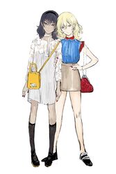  2girls alternate_costume andou_(girls_und_panzer) bag banira_(oocooocooocoo) black_eyes black_footwear black_hair blonde_hair blue_eyes choker dark-skinned_female dark_skin dress ear_piercing earrings girls_und_panzer hair_behind_ear hand_on_own_hip handbag highres holding_another&#039;s_arm jewelry kneehighs multiple_girls oshida_(girls_und_panzer) piercing red_bag red_nails smile socks white_background white_choker white_dress yellow_bag 