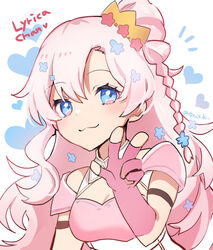  :3 blue_eyes blue_flower braid breasts character_name cleavage cleavage_cutout clothing_cutout elbow_gloves female fingerless_gloves flower gloves hair_bun hair_flower hair_ornament indie_virtual_youtuber kgr leaning_forward long_hair lyrica_(vtuber) medium_breasts pink_gloves pink_hair side_braid single_side_bun smile solo upper_body v virtual_youtuber 