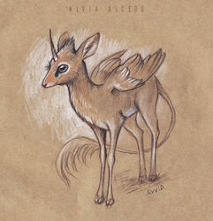  2020 alicorn alviaalcedo ambiguous_gender antelope bovid cloven_hooves dik-dik equid equine feathered_wings feathers feral hooves horizontal_pupils horn inner_ear_fluff long_tail mammal monochrome mythological_creature mythological_equine mythology pupils sepia smile solo standing tail tail_tuft traditional_media_(artwork) true_antelope tuft wings 