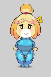  2:3 :&gt; absurd_res animal_crossing anthro big_breasts black_eyes black_nose blonde_hair blush breasts canid canine canis chibi cosplay curvy_figure domestic_dog dongitos eyebrow_through_hair eyebrows female fur grey_background hair hi_res huge_breasts isabelle_(animal_crossing) looking_at_viewer mammal metroid nintendo shih_tzu short_stack simple_background smile solo standing tied_hair topknot toy_dog translucent translucent_hair wide_hips yellow_body yellow_fur zero_suit 