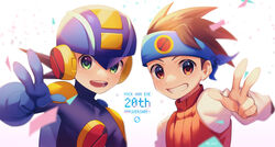  2boys :d anniversary blue_headband blue_helmet blurry blush bodysuit brown_hair brown_vest commentary_request confetti copyright_name depth_of_field green_eyes grin hand_up happy headband helmet highres lan_hikari_(mega_man) long_sleeves looking_at_viewer male_focus mega_man_(series) mega_man_battle_network_(series) megaman.exe multiple_boys netnavi open_mouth purple_bodysuit shirt short_hair side-by-side smile spiked_hair teeth turtleneck twitter_username upper_body vest w white_background white_shirt zero-go 