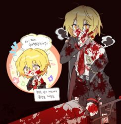  bad_id bad_twitter_id bbunny black_background black_coat black_pants blonde_hair blood blood_on_clothes blood_on_face chibi coat collared_shirt don_quixote_(project_moon) female holding holding_polearm holding_weapon korean_text lance limbus_company messy_hair necktie open_mouth pants polearm project_moon red_necktie shirt short_hair smile translation_request weapon white_shirt yellow_eyes 