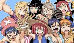  6+girls alternate_costume aqours_pirates_desire blonde_hair brook_(one_piece) brook_(one_piece)_(cosplay) candy commentary_request cosplay food franky_(one_piece) franky_(one_piece)_(cosplay) hat highres koaraya kunikida_hanamaru kurosawa_dia kurosawa_ruby lollipop love_live! love_live!_sunshine!! matsuura_kanan mole mole_under_mouth monkey_d._luffy monkey_d._luffy_(cosplay) mouth_hold multiple_girls nami_(one_piece) nami_(one_piece)_(cosplay) nico_robin nico_robin_(cosplay) noppo_bread oda_eiichirou_(style) ohara_mari one_eye_closed one_piece parody roronoa_zoro roronoa_zoro_(cosplay) sakurauchi_riko sanji_(one_piece) sanji_(one_piece)_(cosplay) straw_hat straw_hat_pirates style_parody takami_chika tankard teeth_hold tony_tony_chopper tony_tony_chopper_(cosplay) tsushima_yoshiko upper_body usopp usopp_(cosplay) v_over_eye watanabe_you 