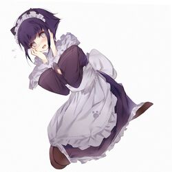  alternate_costume animal_ears apron bad_id bad_twitter_id black_dress blunt_bangs blush brown_pantyhose byakugan cat_ears dress female grey_eyes hands_on_own_cheeks hands_on_own_face highres hyuuga_hinata long_sleeves looking_at_viewer maid maid_apron maid_headdress naruto naruto_(series) open_mouth pantyhose seiza short_hair simple_background sitting solo white_background yuishironeko 