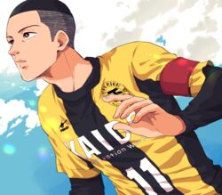  1boy ao_ashi armband black_hair brown_eyes buzz_cut cloud day ika_choco long_sleeves looking_to_the_side male_focus outdoors short_hair soccer_uniform solo sportswear upper_body very_short_hair yoshitsune_kenta 