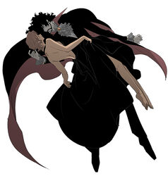  1boy back barefoot beard black_hair cape colored_skin cowboy_bebop dark-skinned_female dark_skin electra_ovilo facial_hair feet female grey_skin short_hair simple_background vampire vincent_volaju wakana_kuraguchi white_background 