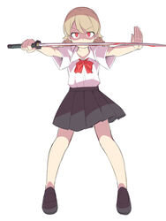  bad_id bad_pixiv_id black_footwear black_skirt blood blood+ blood_on_weapon bow brown_hair collarbone collared_shirt cosplay female holding holding_sword holding_weapon idolmaster idolmaster_cinderella_girls katana loafers long_hair morikubo_nono otonashi_saya otonashi_saya_(cosplay) outstretched_arms photoshop_(medium) pleated_skirt red_bow red_eyes school_uniform shirt shoes short_sleeves skirt solo sword uccow v-shaped_eyebrows weapon white_shirt 