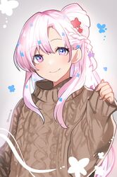  alternate_costume blue_flower braid brown_sweater clenched_hand female flower grey_background hair_bun hair_flower hair_ornament head_tilt highres indie_virtual_youtuber kgr knit_sweater looking_at_viewer lyrica_(vtuber) pink_hair purple_eyes single_side_bun sleeves_past_wrists smile solo sweater virtual_youtuber 