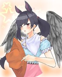  animal_ears bare_shoulders black_hair black_wings blue_shirt blush brown_hat commentary cowboy_hat extra_ears feathered_wings female gingham_shirt ginnkei hat highres holding holding_clothes holding_hat horse_ears horse_girl kurokoma_saki long_hair off-shoulder_shirt off_shoulder open_mouth pegasus_wings pink_skirt ponytail red_eyes scarf shirt skirt solo touhou unworn_hat unworn_headwear upper_body wings 