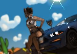  absurd_res anthro extinct felid female ford ford_mustang hi_res highway hitchhiking mammal prehistoric_species saber-toothed_tiger solo thyrus_(artist) toofer 