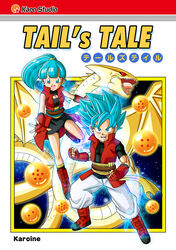  1boy :d artist_name aura beat_(dragon_ball) blue_eyes blue_hair boots breasts cleavage cleavage_cutout clenched_hands clothing_cutout commentary commentary_request cover cover_page doujin_cover dragon dragon_ball dragon_ball_(object) dragon_ball_heroes female fingerless_gloves gloves happy karoine leg_up looking_at_viewer medium_breasts note_(dragon_ball) open_mouth partial_commentary ponytail red_eyes saiyan sash skirt smile space spiked_hair standing super_saiyan super_saiyan_blue super_shenron tail teeth title 