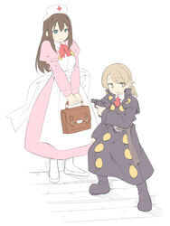  2girls apron bad_id bad_pixiv_id belt black_capelet black_coat black_footwear blush boots bow breasts briefcase brown_belt brown_eyes brown_hair buttons capelet closed_mouth coat collared_shirt cosplay cross double-breasted dress embarrassed finger_on_trigger flat_color flats full_body green_eyes gun hand_up handgun hat height_difference high_collar holding holding_briefcase holding_gun holding_weapon idolmaster idolmaster_cinderella_girls juliet_sleeves legs_apart light_brown_hair ling_ling ling_ling_(cosplay) long_coat long_dress long_hair long_sleeves looking_at_viewer looking_away medium_breasts morikubo_nono multiple_girls narutaki_(steam_detectives) narutaki_(steam_detectives)_(cosplay) neck_ribbon necktie nurse nurse_cap own_hands_together pantyhose parted_lips photoshop_(medium) pink_dress puffy_sleeves raised_eyebrows red_bow red_cross red_necktie red_ribbon revolver ribbon ringlets sash shibuya_rin shirt shoes sidelocks small_breasts smile stairs standing steam_detectives straight_hair sweat swept_bangs uccow v_arms very_long_hair weapon white_apron white_background white_footwear white_headwear white_legwear white_shirt wing_collar 