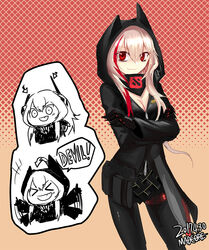  &gt;:) &gt;_&lt; 2017 :d antennae arrow_(symbol) artist_name blonde_hair breasts chibi cleavage clip_studio_paint_(medium) commentary crossed_arms dated dota_(series) dota_2 english_text female girls&#039;_frontline hood hood_down hood_up hoodie korean_commentary looking_at_viewer m4_sopmod_ii_(girls&#039;_frontline) madcore mechanical_arms medium_hair multicolored_hair oerba_yun_fang open_mouth pantyhose red_background red_eyes red_hair simple_background skin_fang smile solo streaked_hair thighhighs v-shaped_eyebrows waving_arms xd zipper 