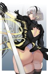  2b_(nier:automata) absurdres artist_name ass back_cutout black_dress black_gloves blue_eyes clothing_cutout commentary cropped_legs dress english_commentary eyelashes feather-trimmed_sleeves female gloves glowing glowing_weapon hairband highleg highleg_leotard highres huge_ass leotard looking_at_viewer looking_back michael_lavacca mole mole_under_mouth nier:automata nier_(series) no_blindfold parted_lips puffy_sleeves thick_thighs thighhighs thighs thong_leotard virtuous_contract weapon wedgie white_hair 