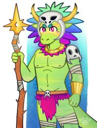  anthro bandage bandaged_arm bandaged_leg blush blush_lines bodypaint bone clothing collar face_paint gold_(metal) gold_jewelry green_body headgear headwear hi_res holding_object holding_staff jewelry lihzahrd lizard male markings pecs pink_marky red_eyes reptile scalie shirtless skull solo staff tail terraria tribal witch_doctor_(terraria) yellow_markings 