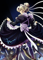  absurdres apron backlighting blonde_hair bolt_action boots braid braided_hair_rings buttons chinzynator92 chronicles_of_the_siren_war clothes_lift cuffs dagger dark_background dress empty_eyes explosive female frilled_apron frilled_dress frills from_behind grenade gun hair_bun hair_over_one_eye hair_ribbon hair_rings handcuffs handgun highres holding knife kris_(weapon) looking_at_viewer maid maid_apron maid_headdress mk2_grenade no_pupils puffy_sleeves ribbon senjougahara_hitagi_skirt_lift_pose sheffield_(azur_lane) signature single_hair_bun skirt skirt_lift solo stick_grenade stielhandgranate stiletto_(weapon) thighhighs trench_knife waist_ribbon weapon welrod white_apron white_ribbon white_thighhighs yellow_eyes 