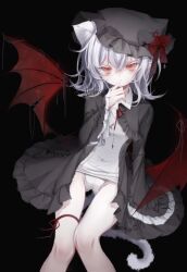  alternate_costume animal_ear_fluff animal_ear_piercing animal_ears arm_at_side bat_wings black_background black_dress black_hat bow cat_ears cat_girl cat_tail closed_mouth colored_eyelashes commentary_request cowboy_shot cross cross-laced_headwear cross-laced_slit crossed_bangs crotch_seam dot_nose double-parted_bangs dress expressionless female flipped_hair frilled_dress frilled_sleeves frills glaring gothic_lolita hair_between_eyes hand_on_own_chin hand_up hat hat_bow hat_over_one_ear highres inverted_cross invisible_chair kemonomimi_mode leg_ribbon lolita_fashion long_sleeves looking_at_viewer low_wings mob_cap multiple_piercings neck_ribbon old_school_swimsuit one-piece_swimsuit open_clothes open_dress paid_reward_available petite pointy_ears red_bow red_eyes red_ribbon red_wings remilia_scarlet ribbon ruliso school_swimsuit short_dress short_hair side_ahoge signature simple_background sitting solo stroking_own_chin swimsuit swimsuit_under_clothes tail taut_clothes taut_swimsuit thigh_gap thigh_ribbon touhou v-shaped_eyebrows white_eyelashes white_hair white_one-piece_swimsuit white_tail wide_sleeves wing_collar wing_ribbon wings 