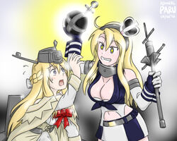  2girls admiral_paru blonde_hair blue_eyes breasts bullying cleavage commentary crown dress english_commentary globus_cruciger iowa_(kancolle) kantai_collection large_breasts long_hair mini_crown multiple_girls scepter warspite_(kancolle) 