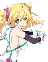  blonde_hair blush breasts bright_pupils commentary_request elbow_gloves female gloves green_eyes hacka_doll hacka_doll_1 ixy large_breasts looking_at_viewer open_mouth short_hair sideboob smile solo twintails white_gloves white_pupils 