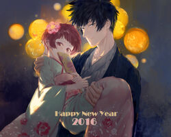  1boy 2016 black_hair brown_eyes carrying commentary_request female floral_print flower grey_eyes hair_flower hair_ornament hand_fan happy_new_year highres index_finger_raised japanese_clothes kimono kougami_shin&#039;ya lantern looking_at_viewer new_year paper_fan paper_lantern princess_carry psycho-pass short_hair straight tsunemori_akane tuta wide_sleeves yukata 