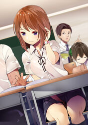  2boys 2girls arm_up between_legs black_skirt black_socks blouse blush book brown_eyes brown_hair byte_(allbyte) classroom closed_eyes closed_mouth commentary_request dutch_angle hand_between_legs hand_in_own_hair hand_up highres index_finger_raised indoors kneehighs legs_together multiple_boys multiple_girls open_book original out_of_frame pleated_skirt purple_eyes school_uniform shirt short_hair short_sleeves sidelocks skirt sleeping smile socks solo_focus sweatdrop tareme watch white_shirt wristwatch 