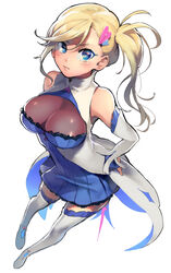  asymmetrical_hair bare_shoulders blonde_hair blue_eyes blush breasts cleavage collared_dress commentary_request detached_sleeves dress female foreshortening from_above frown full_body hair_ornament hairclip hand_on_own_hip heart heart_hair_ornament highres large_breasts long_hair looking_at_viewer mebaru minerva_(re:zero) multicolored_clothes multicolored_dress re:zero_kara_hajimeru_isekai_seikatsu short_dress side_ponytail sleeves_past_wrists solo standing thighhighs white_background white_sleeves white_thighhighs 