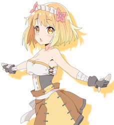  blonde_hair check_commentary commentary commentary_request cp9a endro! fai_fai female fingerless_gloves gloves hairband photoshop_(medium) shadow short_hair shorts solo strapless white_background yellow_eyes 