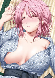  bath_yukata blush breasts breasts_apart collarbone commentary_request female from_above hair_between_eyes half-closed_eyes japanese_clothes kimono lying medium_hair nori_tamago nose_blush on_back on_floor open_clothes parted_lips photoshop_(medium) pink_hair red_eyes saigyouji_yuyuko shima_(pattern) solo sweat tatami touhou underwear yukata 