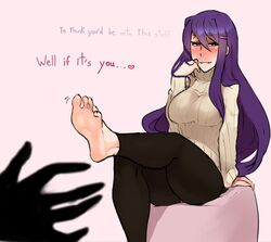  barefoot blush doki_doki_literature_club feet female hair_ornament hairclip highres leg_up long_hair looking_away parted_lips purple_eyes purple_hair scathegrapes sitting smile soles sweater toes yuri_(doki_doki_literature_club) 