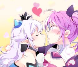  2girls ahoge aisha_landar bad_id bad_pixiv_id blush choker closed_eyes demon_power_(elsword) elsword eyebrows hair_ribbon hat heart imminent_kiss light_purple_hair long_hair luciela_r._sourcream multiple_girls open_mouth pinb pointy_ears profile purple_eyes purple_hair ribbon sweatdrop void_princess_(elsword) yuri 